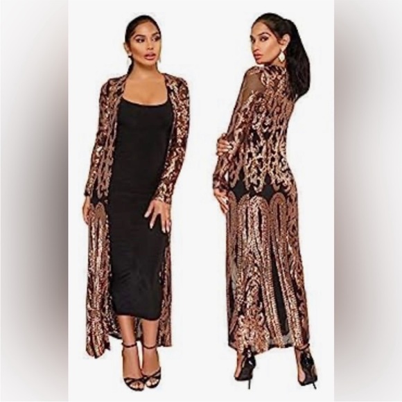 Women Totem Sequin Applique Long Sleeved Perspective Ankle Length Cardig… - Picture 1 of 11